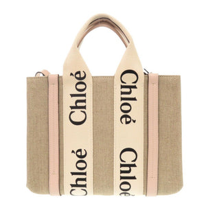 新品同様 クロエ WOODY ウッディ スモール トートバッグ レザー/リネンキャンバス ベージュ ピンク 2wayハンドバッグ 1277【中古】Chloe