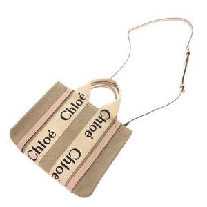 新品同様 クロエ WOODY ウッディ スモール トートバッグ レザー/リネンキャンバス ベージュ ピンク 2wayハンドバッグ 1277【中古】Chloe