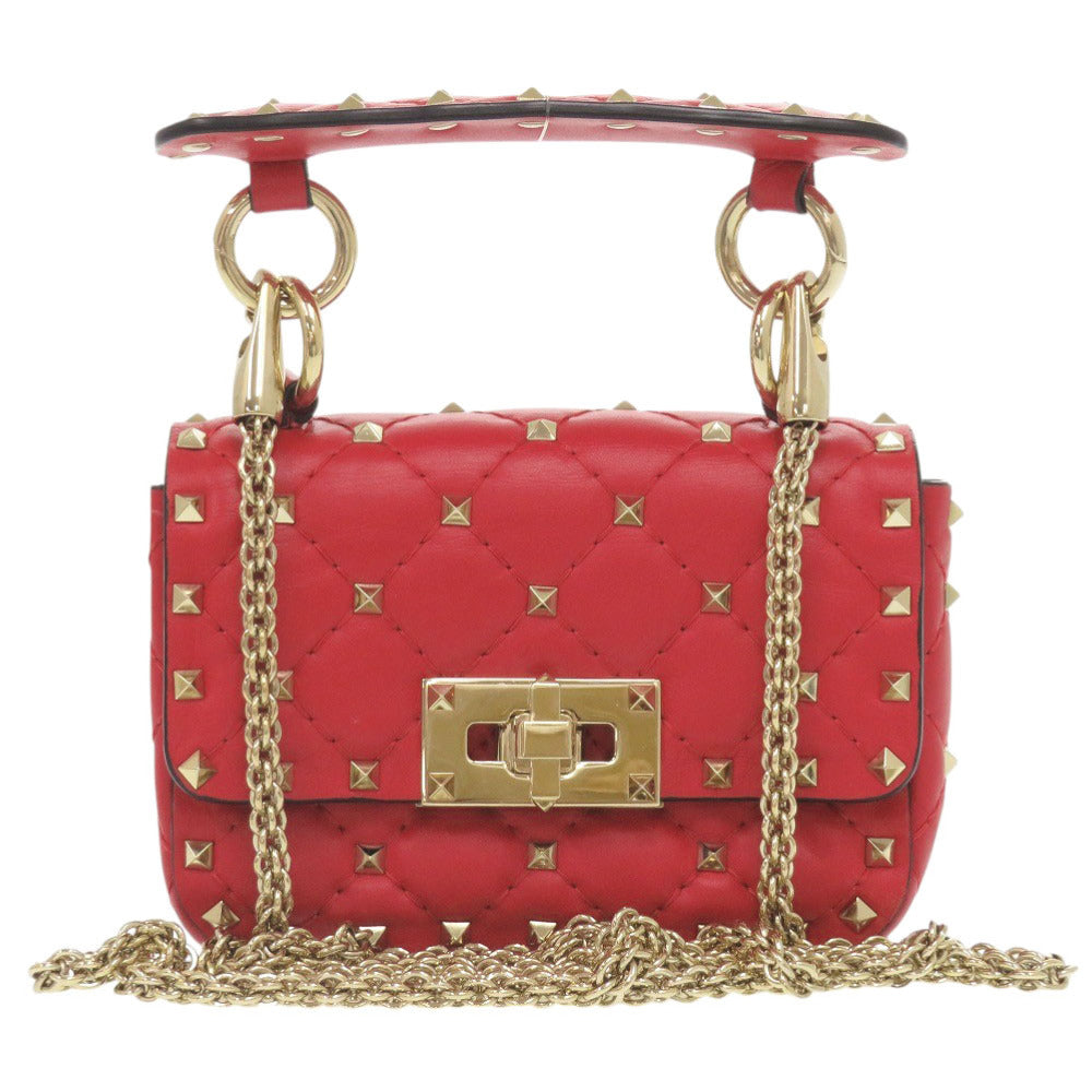美品 ヴァレンティノ ガラヴァーニ ロックスタッズ ミニバッグ レザー スタッズ レッド チェーンショルダーバッグ 1335【中古】Valentino Garavani