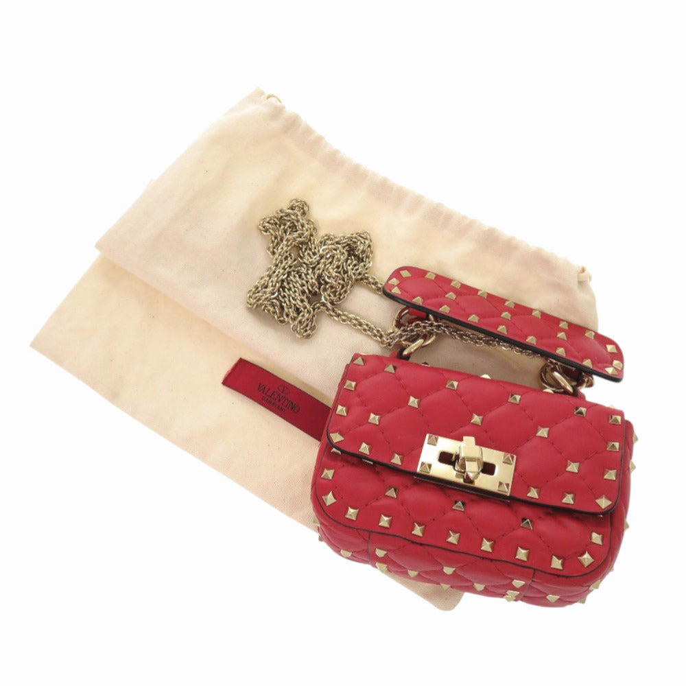 美品 ヴァレンティノ ガラヴァーニ ロックスタッズ ミニバッグ レザー スタッズ レッド チェーンショルダーバッグ 1335【中古】Valentino Garavani
