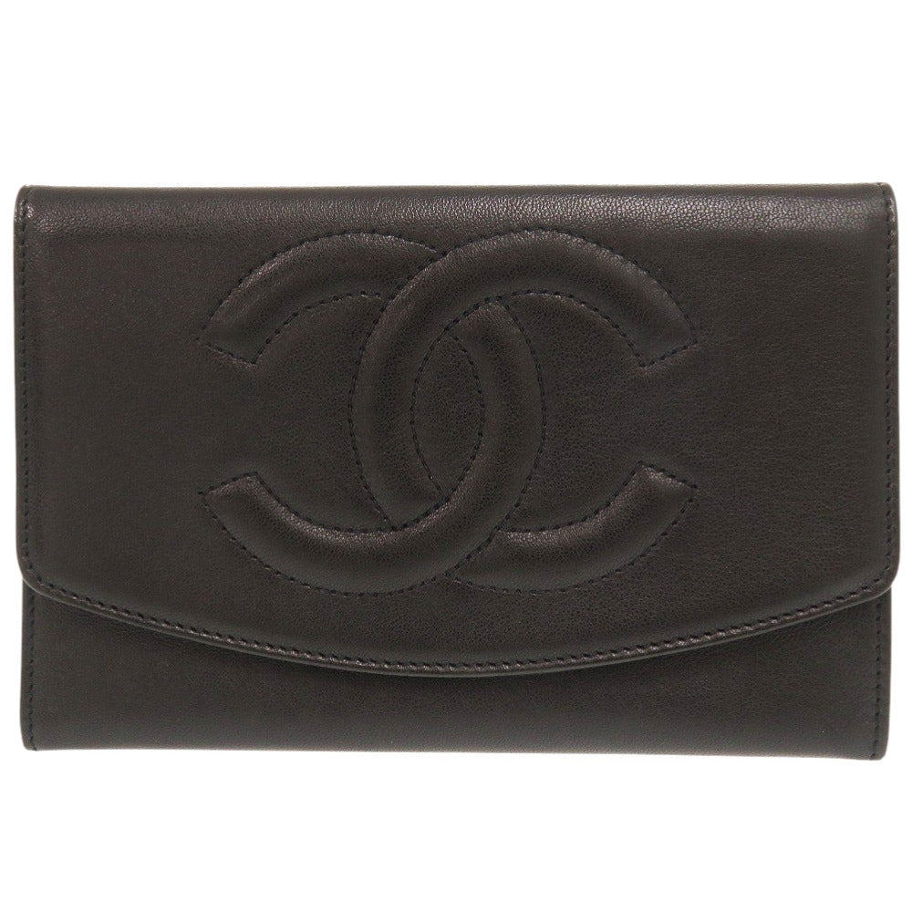 美品 シャネル ココマーク ラムスキン ブラック 二つ折り財布 1344【中古】CHANEL