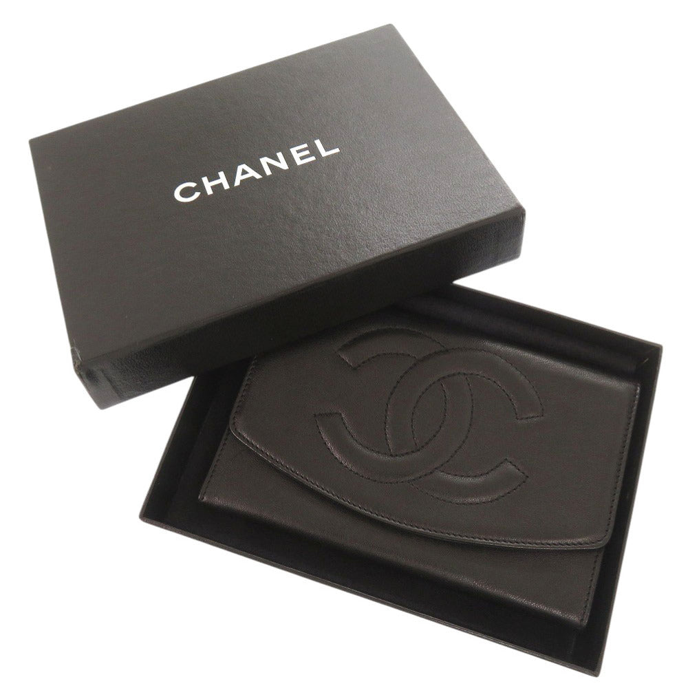 美品 シャネル ココマーク ラムスキン ブラック 二つ折り財布 1344【中古】CHANEL