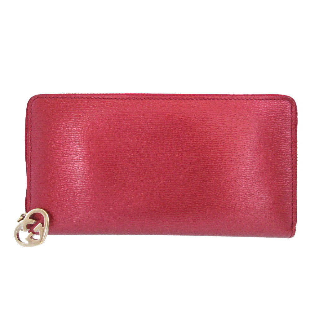 美品 グッチ ハートインターロッキング 308005 レザー レッド 赤 ラウンドファスナー長財布 財布 1346【中古】GUCCI