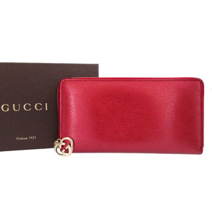 美品 グッチ ハートインターロッキング 308005 レザー レッド 赤 ラウンドファスナー長財布 財布 1346【中古】GUCCI