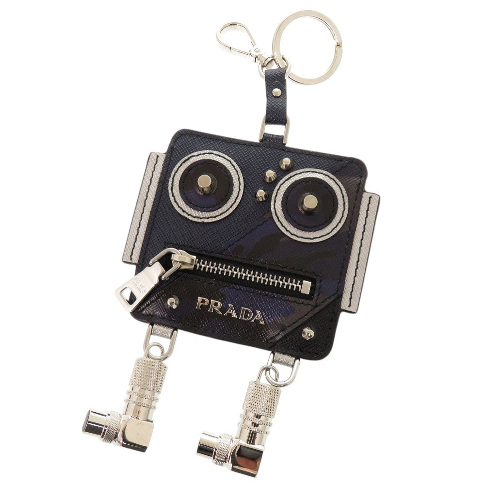 美品 プラダ ロボットチャーム キーリング付き レザー メタル ネイビー コインケース 1381【中古】PRADA