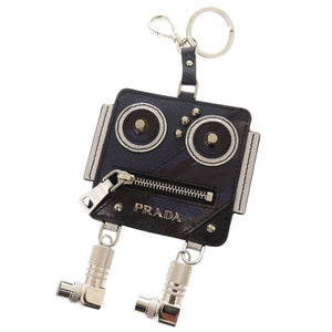 美品 プラダ ロボットチャーム キーリング付き レザー メタル ネイビー コインケース 1381【中古】PRADA