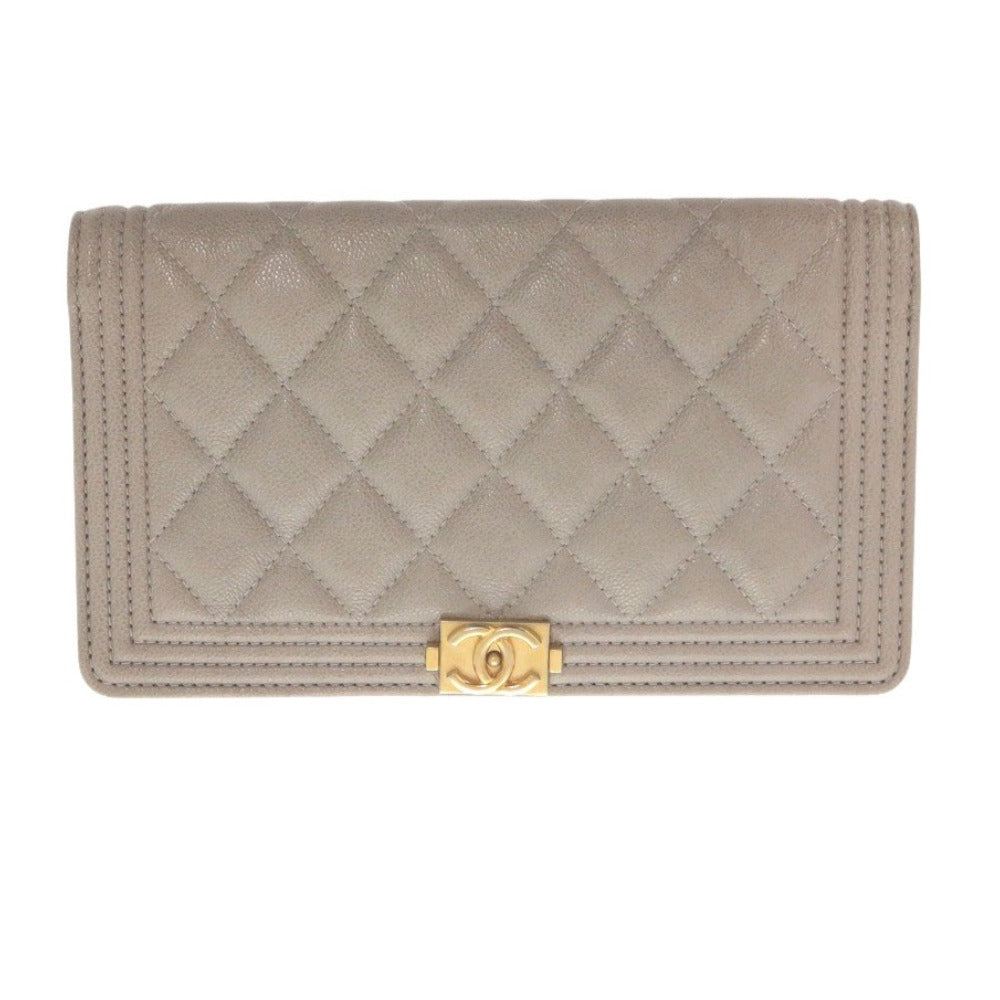美品 シャネル ボーイシャネル キャビアスキン グレー 長財布 1392【中古】CHANEL