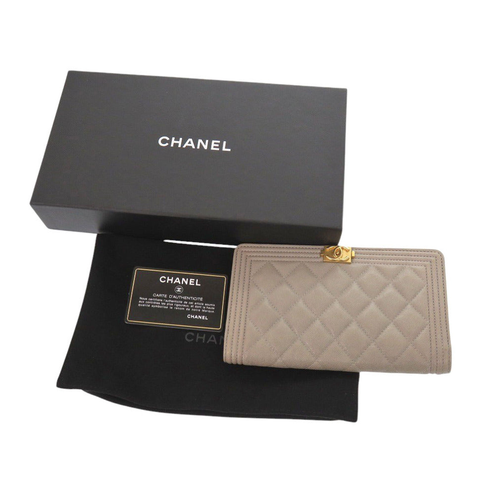 美品 シャネル ボーイシャネル キャビアスキン グレー 長財布 1392【中古】CHANEL