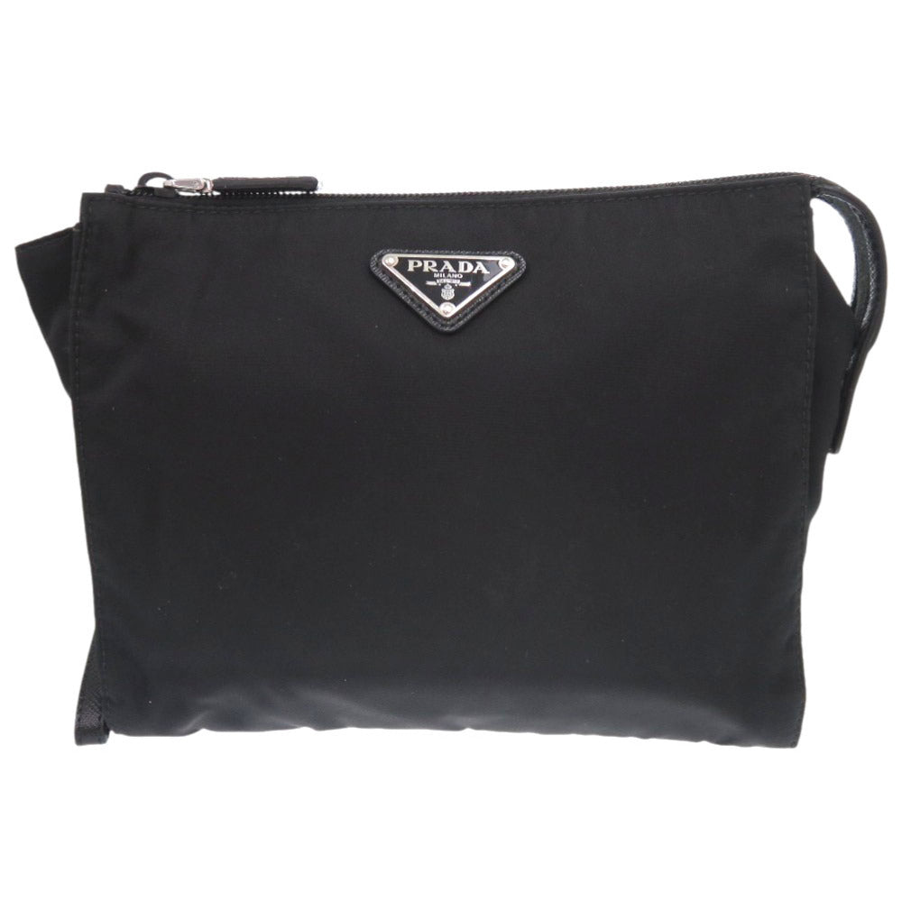 美品 プラダ トライアングルロゴ 2NE789 ナイロン レザー ブラック クラッチバッグ セカンドバッグ 黒 1478【中古】PRADA