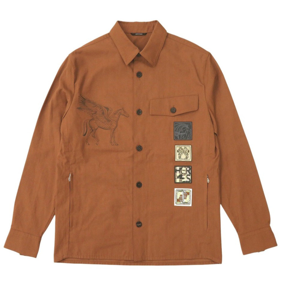 未使用 エルメス Icones au Carre 刺繍 H352140HC3H52 サイズ46 シエンヌ レーヨン/コットン ブラウン 長袖シャツ 1510【中古】HERMES