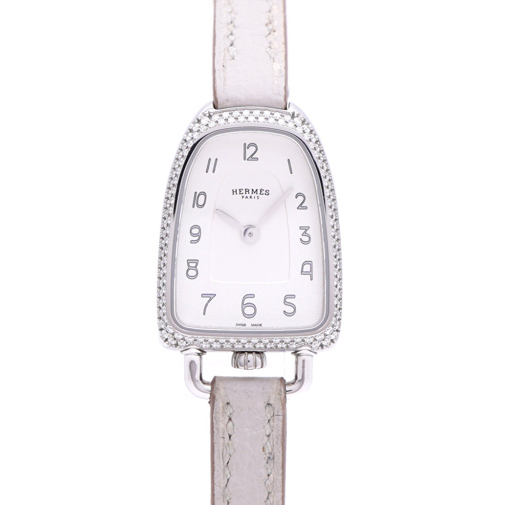 美品 エルメス ギャロップ ドゥ エルメス MM ダイヤベゼル GA1.130 クオーツ 腕時計 SS/ダイヤモンド/レザー ホワイト 白文字盤 1541【中古】HERMES レディース