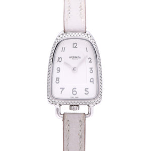 美品 エルメス ギャロップ ドゥ エルメス MM ダイヤベゼル GA1.130 クオーツ 腕時計 SS/ダイヤモンド/レザー ホワイト 白文字盤 1541【中古】HERMES レディース
