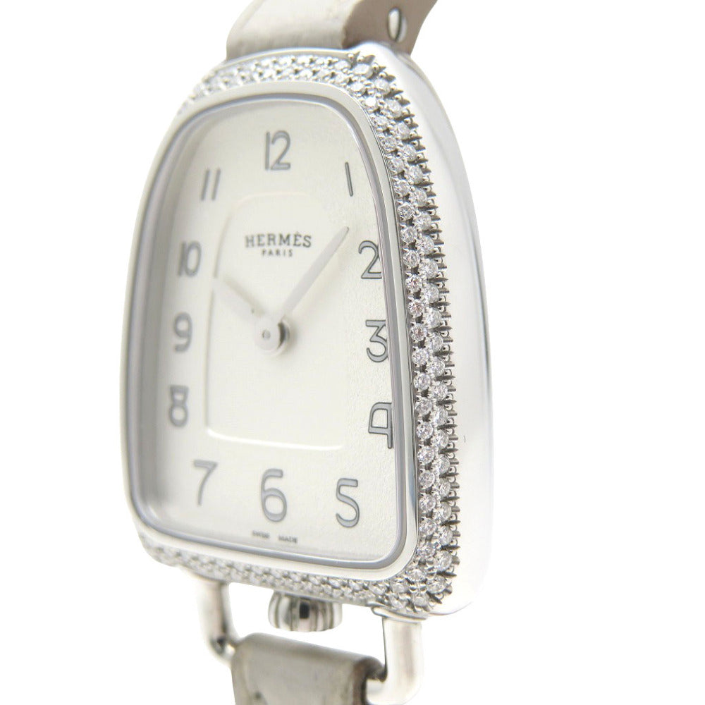 美品 エルメス ギャロップ ドゥ エルメス MM ダイヤベゼル GA1.130 クオーツ 腕時計 SS/ダイヤモンド/レザー ホワイト 白文字盤 1541【中古】HERMES レディース