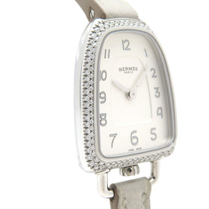美品 エルメス ギャロップ ドゥ エルメス MM ダイヤベゼル GA1.130 クオーツ 腕時計 SS/ダイヤモンド/レザー ホワイト 白文字盤 1541【中古】HERMES レディース