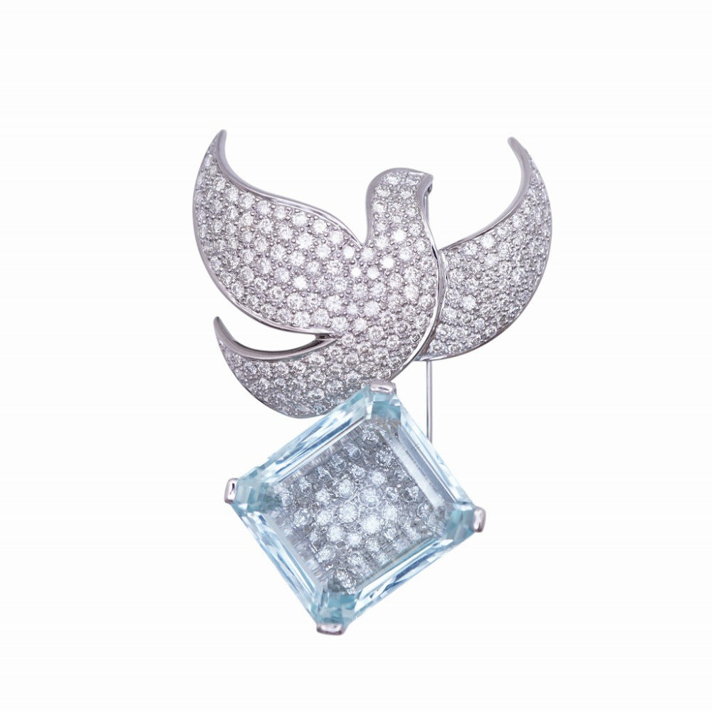 美品 アクアマリン26.46ct ダイヤ2.69ct K18WG ブローチ 750 ホワイトゴールド ダイヤモンド ブルー 1556【中古】ジュエリー