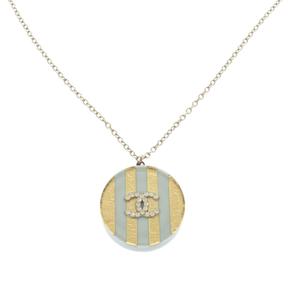 美品 シャネル 2way ココマーク ボーダー ネックレス プラスチック メタル ライトブルー ゴールド 0082【中古】CHANEL