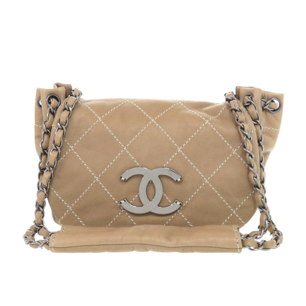 美品 シャネル ワイルドステッチ ココマーク チェーン ショルダーバッグ ラムスキン ベージュ 0157【中古】CHANEL