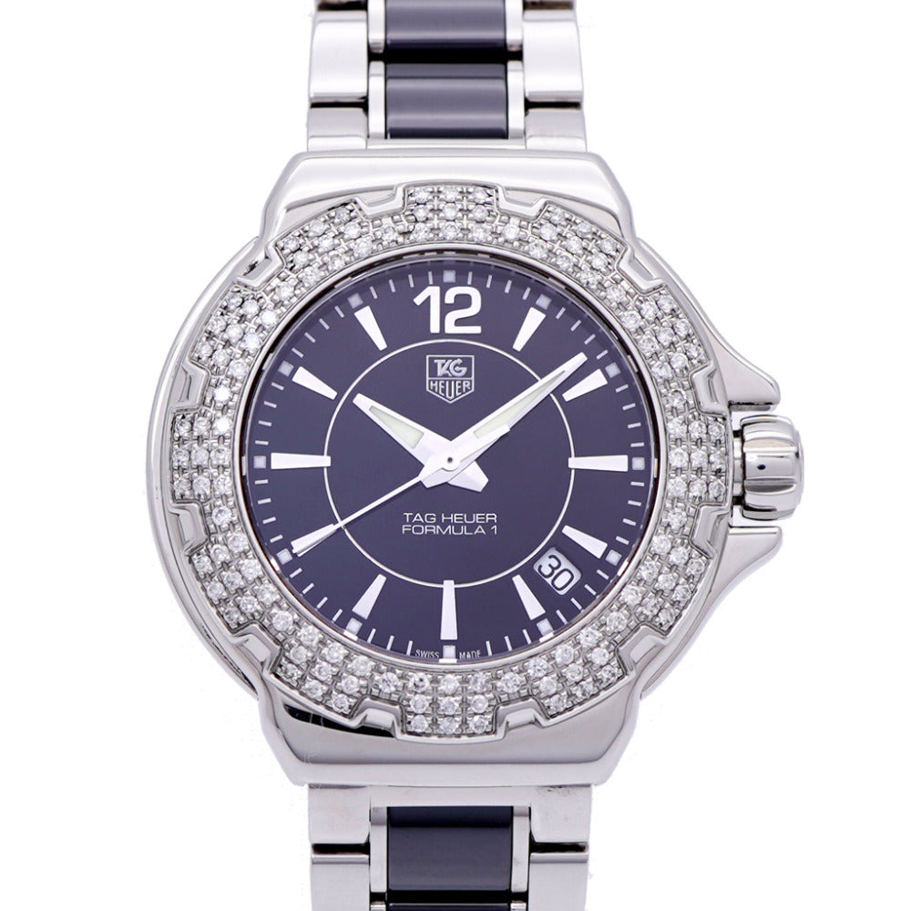美品 タグホイヤー フォーミュラ1 ダイヤベゼル WAH1214.BA0859 クオーツ 腕時計 SS/セラミック/ダイヤモンド ブラック 黒文字盤 0182【中古】TAG HEUER レディース