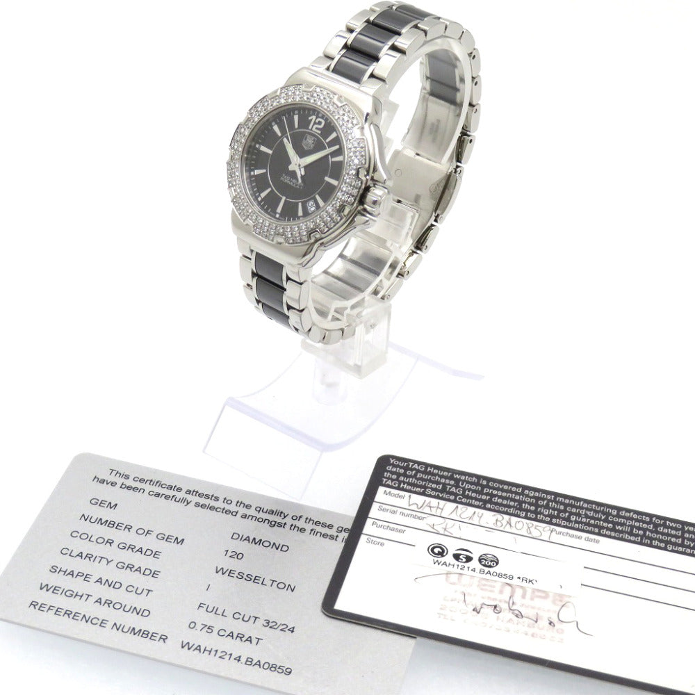 美品 タグホイヤー フォーミュラ1 ダイヤベゼル WAH1214.BA0859 クオーツ 腕時計 SS/セラミック/ダイヤモンド ブラック 黒文字盤 0182【中古】TAG HEUER レディース