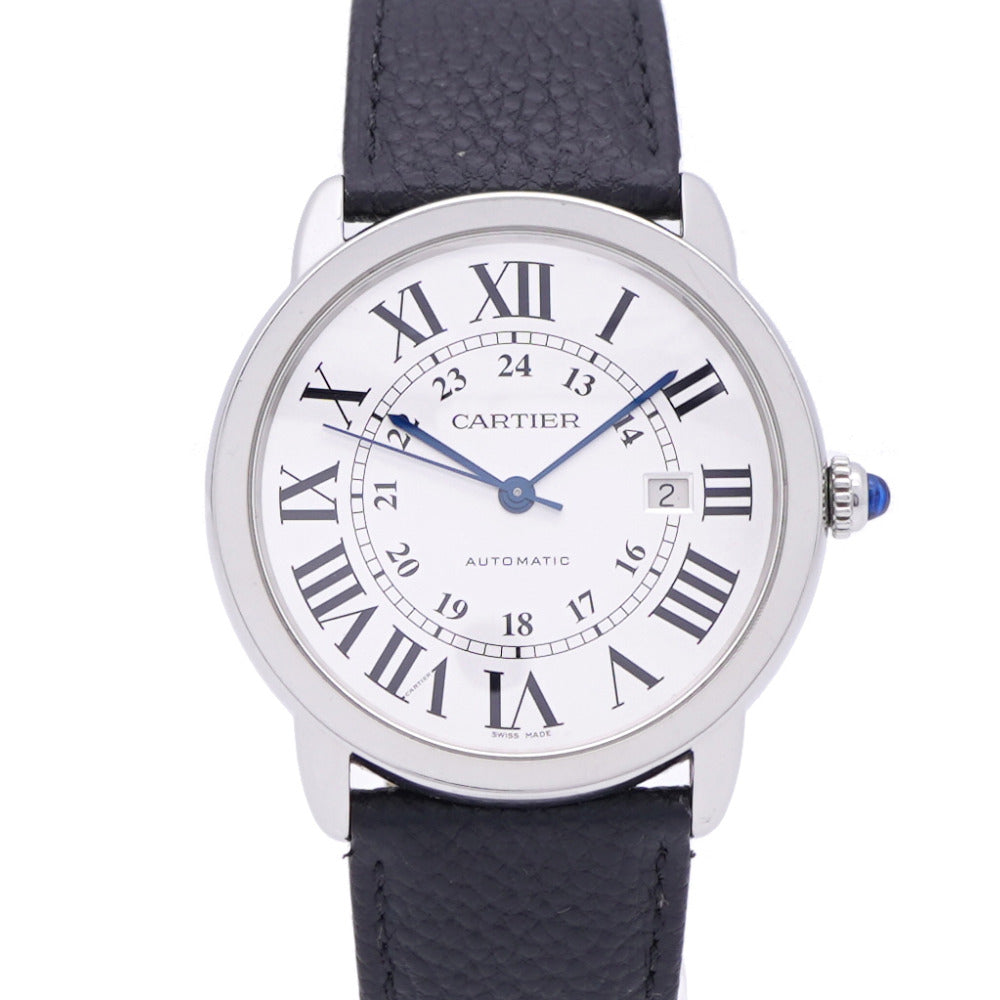 カルティエ ロンドソロ XL W6701010 自動巻き 腕時計 SS/レザー シルバー文字盤 0186【中古】CARTIER メンズ