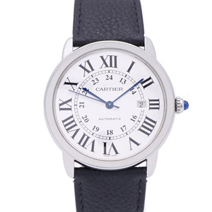 カルティエ ロンドソロ XL W6701010 自動巻き 腕時計 SS/レザー シルバー文字盤 0186【中古】CARTIER メンズ