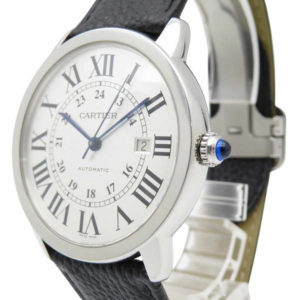 カルティエ ロンドソロ XL W6701010 自動巻き 腕時計 SS/レザー シルバー文字盤 0186【中古】CARTIER メンズ