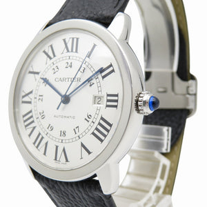 カルティエ ロンドソロ XL W6701010 自動巻き 腕時計 SS/レザー シルバー文字盤 0186【中古】CARTIER メンズ