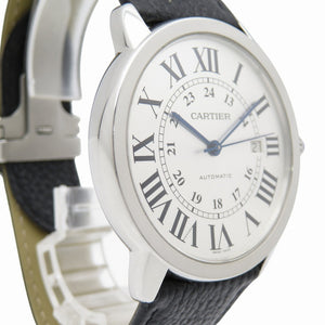 カルティエ ロンドソロ XL W6701010 自動巻き 腕時計 SS/レザー シルバー文字盤 0186【中古】CARTIER メンズ