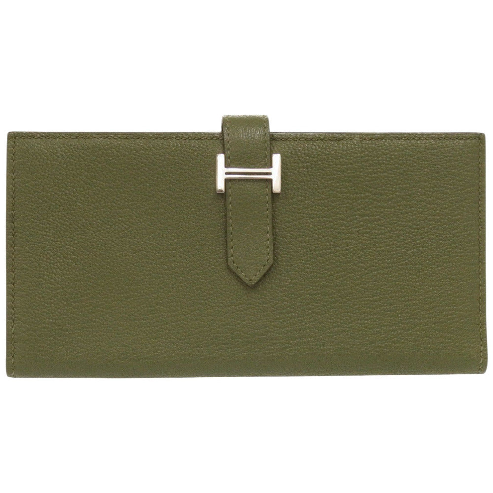美品 エルメス ベアンスフレ シェーブル カノピ シルバー金具 □Q刻印(2013年製) 長財布 緑 0269【中古】HERMES