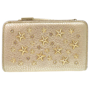 ジミーチュウ スタースタッズ レザー ラインストーン スタッズ ゴールド 二つ折り財布 0292【中古】JIMMY CHOO