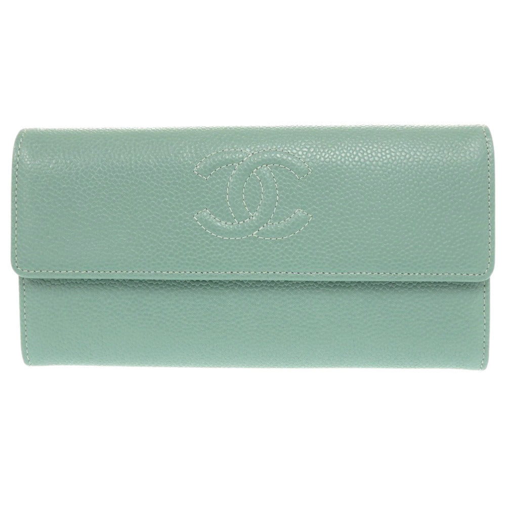 新品同様 シャネル ココマーク キャビアスキン 18番台 シルバー金具 ミントグリーン 長財布 0330【中古】CHANEL