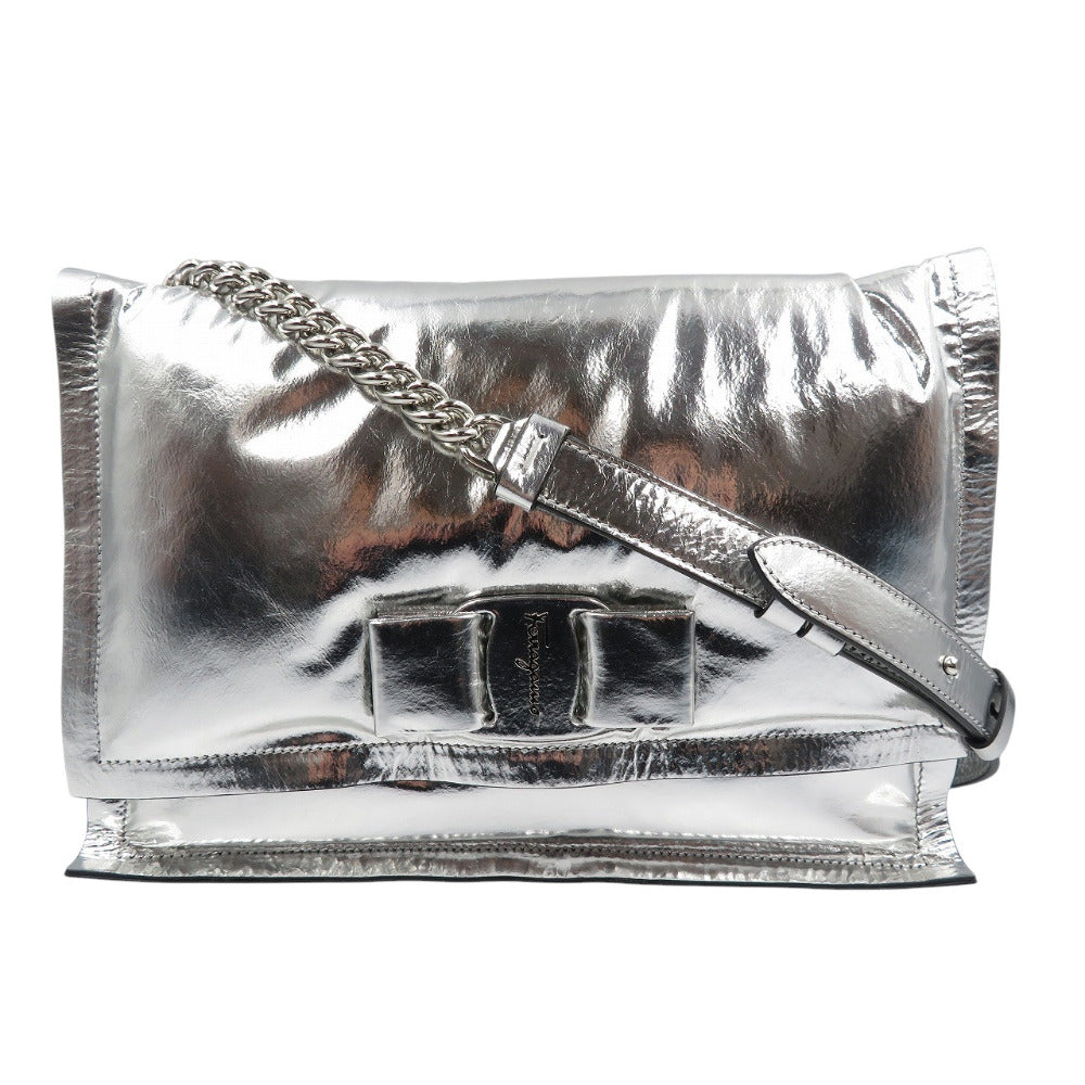 未使用 サルヴァトーレフェラガモ GG-211287 ヴァラリボン レザー シルバー金具 シルバー ショルダーバッグ 0377【中古】Salvatore Ferragamo