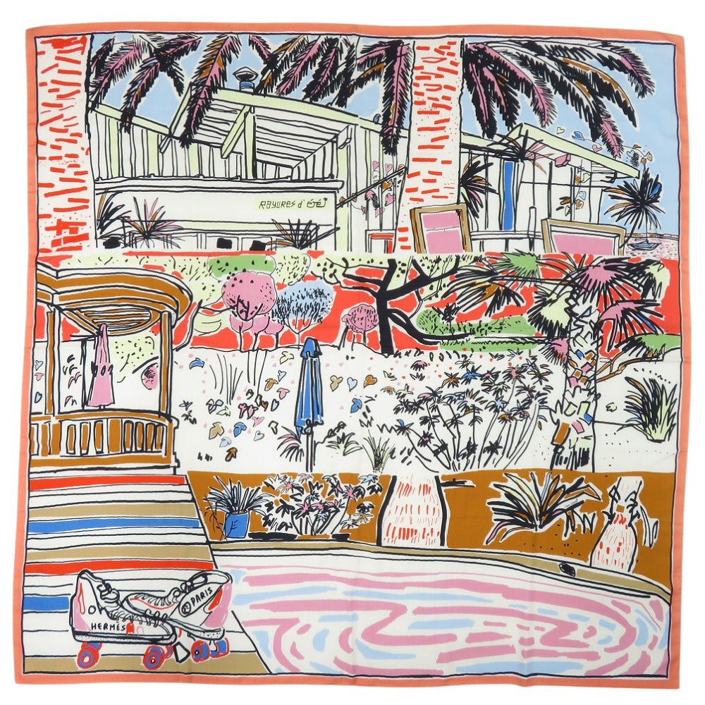 美品 エルメス カレジェアン レイユール デテ Rayures d'Ete カレ140 ショール カシミヤ シルク マルチカラー 0579【中古】HERMES