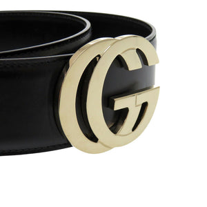 美品 グッチ GGバックル 150-8003487611 レザー ブラック ゴールド ベルト 0458【中古】GUCCI