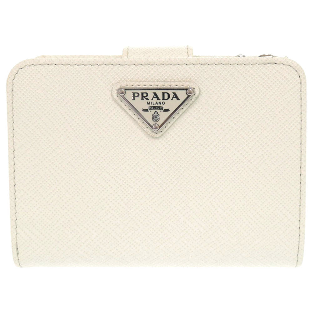 美品 プラダ サフィアーノトライアングル レザー ホワイト 二つ折り財布 白 0465【中古】PRADA