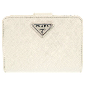 美品 プラダ サフィアーノトライアングル レザー ホワイト 二つ折り財布 白 0465【中古】PRADA
