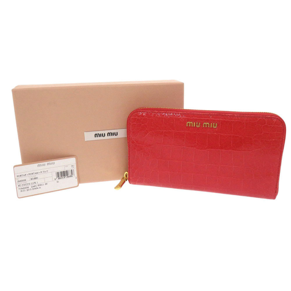 新品同様 ミュウミュウ クロコ型押し 5M0506 型押しレザー レッド ラウンドファスナー 長財布 赤 0516【中古】MIUMIU