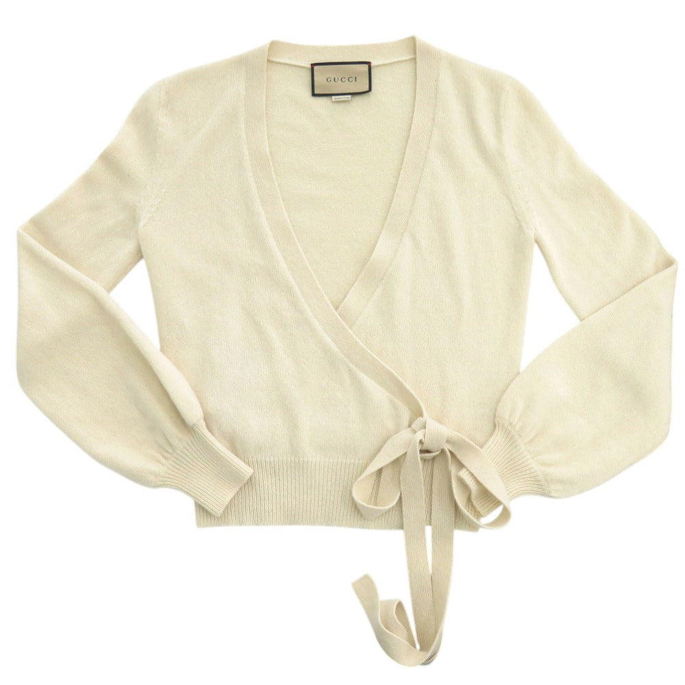 新品同様 グッチ カシュクール ニットカーディガン ロゴ 刺繍 リボン カーディガン カシミヤ アイボリー 0561【中古】GUCCI
