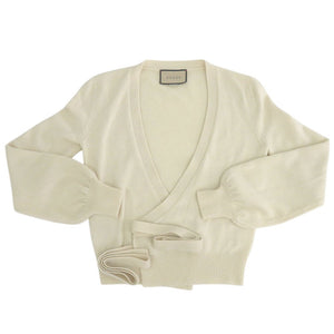 新品同様 グッチ カシュクール ニットカーディガン ロゴ 刺繍 リボン カーディガン カシミヤ アイボリー 0561【中古】GUCCI