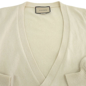 新品同様 グッチ カシュクール ニットカーディガン ロゴ 刺繍 リボン カーディガン カシミヤ アイボリー 0561【中古】GUCCI