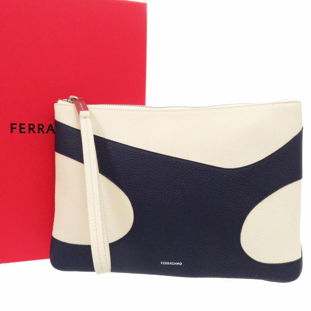 新品同様 サルヴァトーレフェラガモ ロゴ クラッチバッグ セカンドバッグ 661323 レザー ネイビー 0803【中古】Salvatore Ferragamo