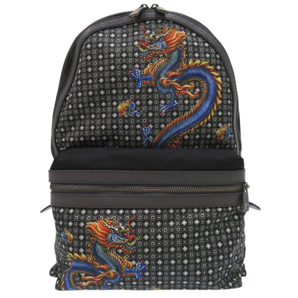 新品同様 ドルチェアンドガッバーナ リュック デイパック 幾何学模様 ドラゴン 龍 ナイロン レザー ブラック 0957【中古】DOLCE&GABBANA
