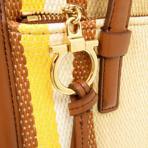 美品 サルヴァトーレフェラガモ エイミー トートバッグ ストライプ レザー キャンバス マルチカラー 0996【中古】Salvatore Ferragamo