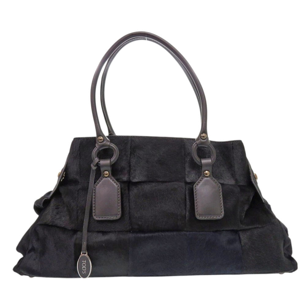 美品 トッズ 格子柄 ハラコ/レザー ブラック ネイビー ショルダーバッグ 黒 1007【中古】TOD’S