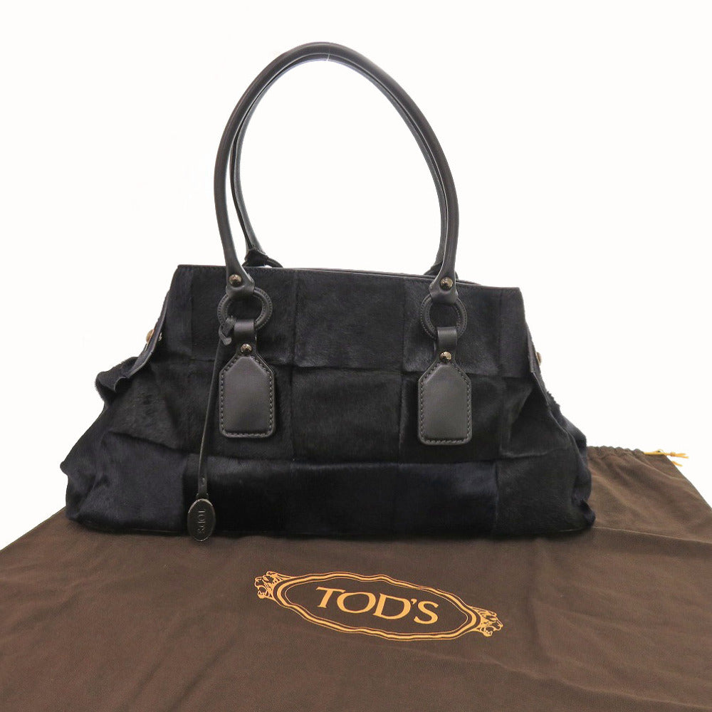 美品 トッズ 格子柄 ハラコ/レザー ブラック ネイビー ショルダーバッグ 黒 1007【中古】TOD’S
