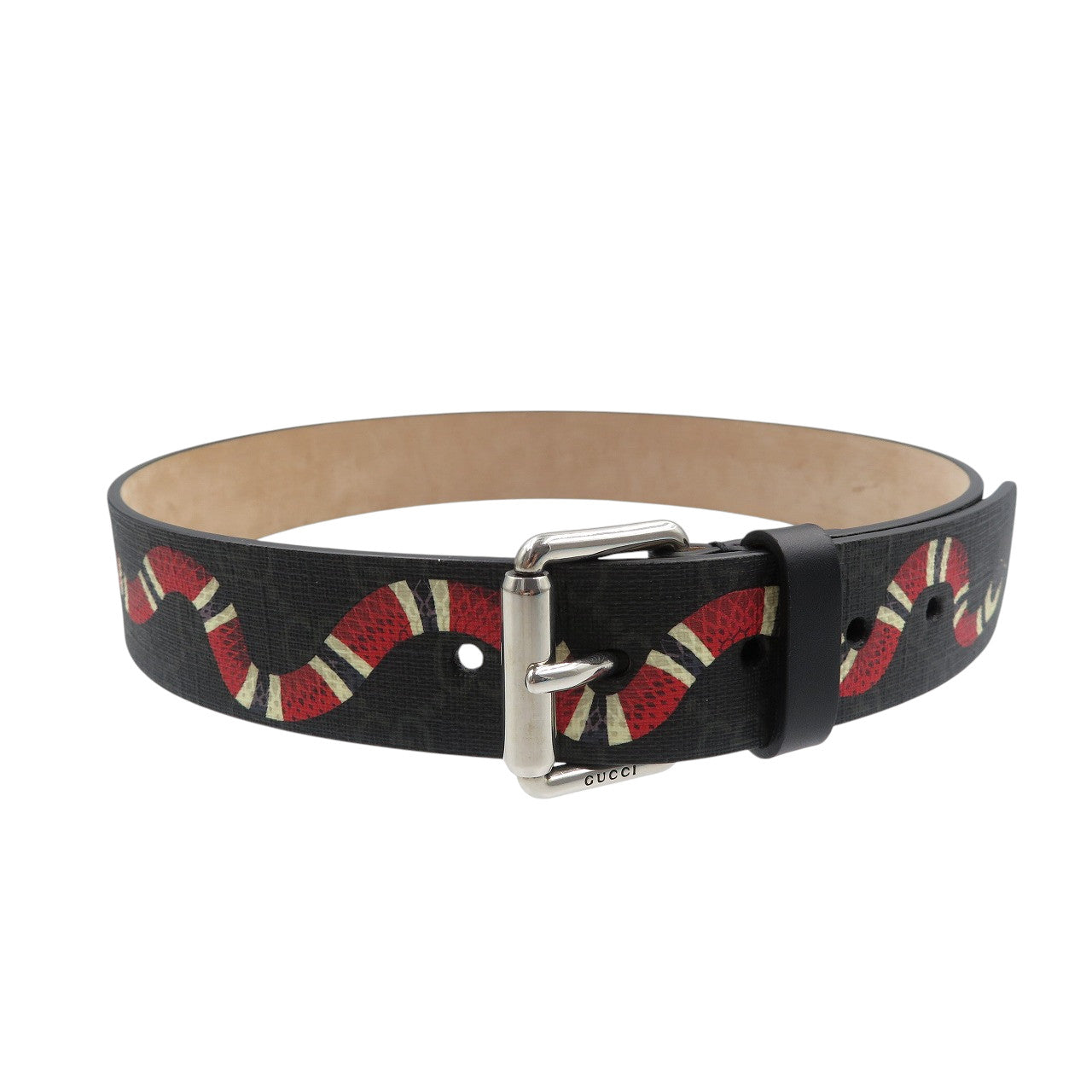 新品同様 グッチ 434520 スネーク GG柄 GGスプリーム 75/30 シルバー金具 ブラック レッド ベルト 1009【中古】GUCCI