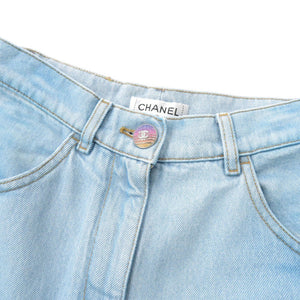 新品同様 シャネル ワイドデニム ココボタン グラデーション P76361 コットン ブルー 青 1075【中古】CHANEL
