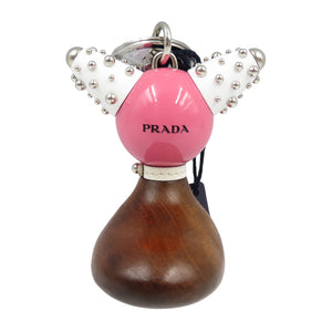 未使用 プラダ TRICK ROBOT 1TR062 メタル ウッド シルバー金具 ベゴニア ブラウン ホワイト キーホルダー 1089【中古】PRADA