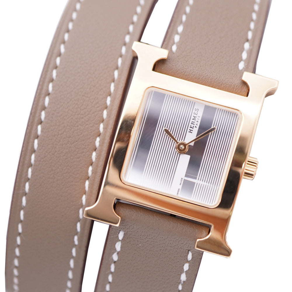 新品同様 エルメス Ｈウォッチ ドゥブルトゥール HH1.202c クオーツ 腕時計 SS/レザー シルバー U刻印 1101【中古】HERMES レディース