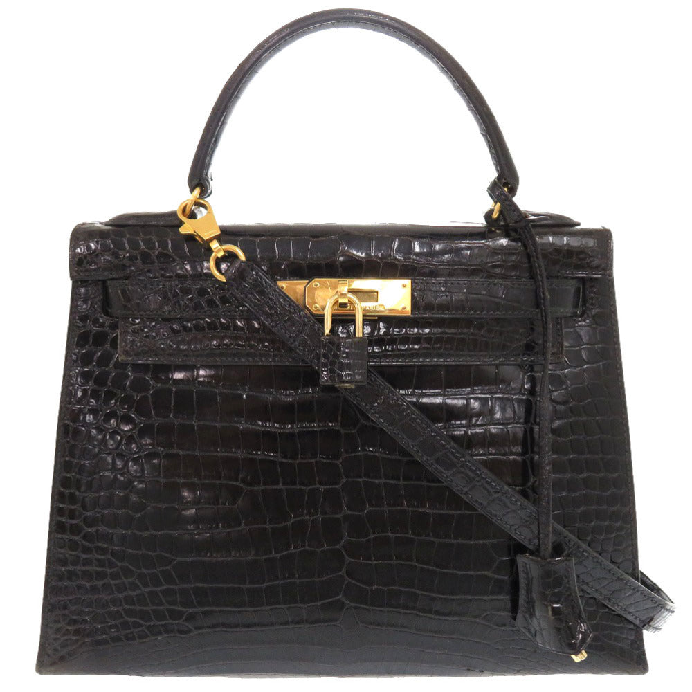 エルメス ケリー28 外縫い ポロサス ブラック ゴールド金具 〇V刻印 ハンドバッグ 黒 1157 【中古】 HERMES